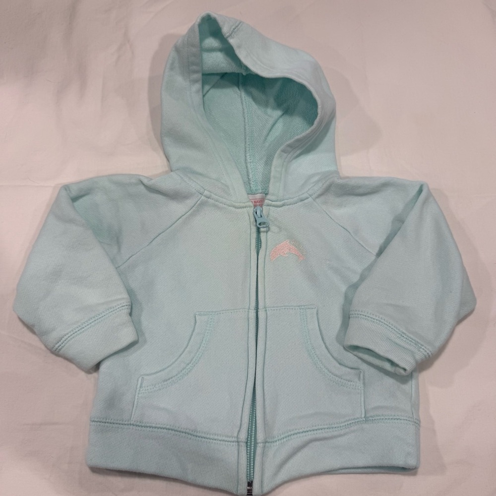 Y2K Old Navy Light Blue/Aqua Kids Hoodie with Pink Dolphin Size 12-18 Months